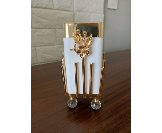 Premium Bathroom Accessories 5 Pcs-Prismatic Gold White Acrylic-Thrash Bin,Soap Dispenser and Dish, toilet Brush,Toothbrush Cup